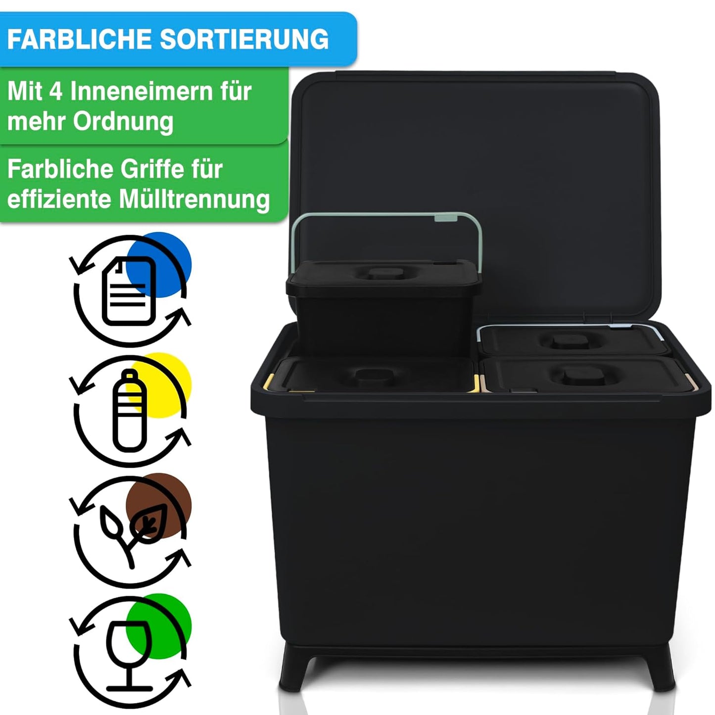 Mülltrennsystem mit 4 Fächern und Fusspedal, 40 Liter / Schwarz