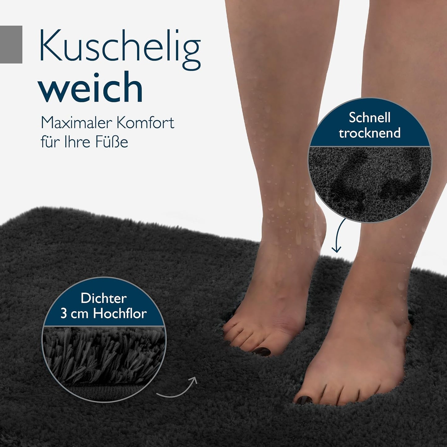 Rutschfeste Badematte, Fussbodenheizung geeignet, 70 x 120 cm, 70 x 120 cm Schwarz