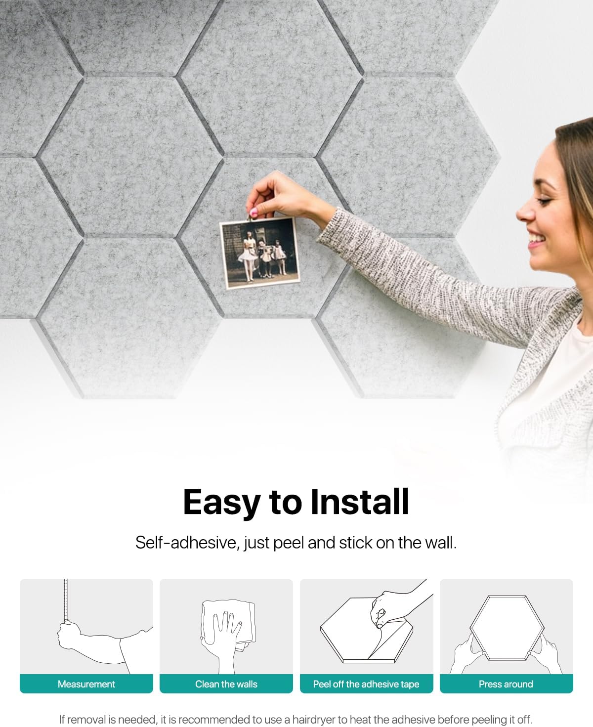 Selbstklebende Hexagon Akustikpaneele, 30×26×0,9 cm, Selbstklebend Grau