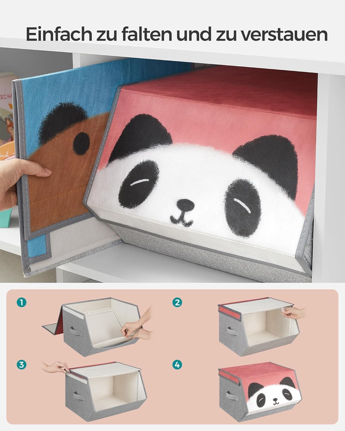 Faltbare Aufbewahrungsboxen mit Tiermotiven, 3er-Set, Panda-, Bär-, Schwein-Motive