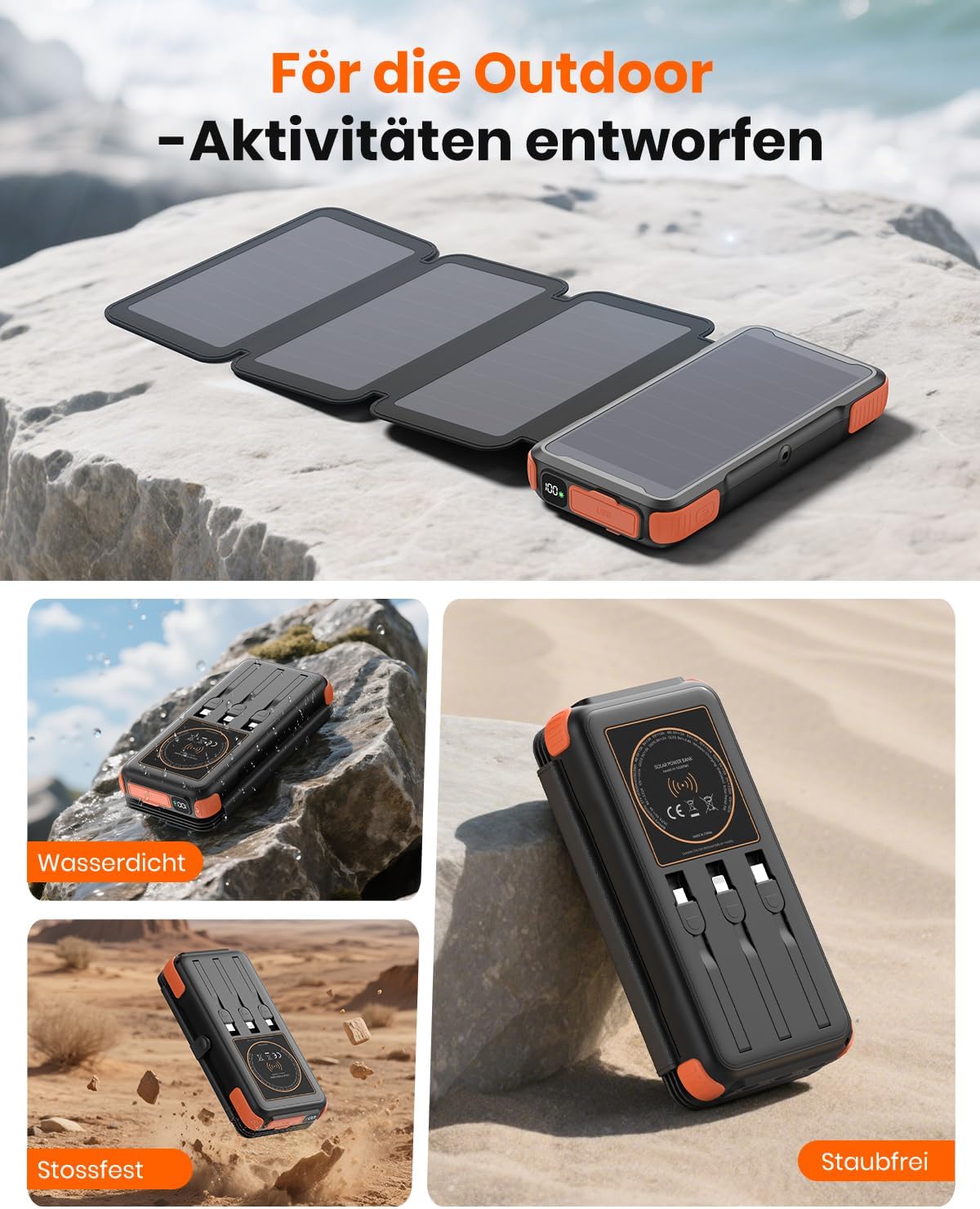Solar PowerBank Wireless mit Schnellladefunktion, Orange