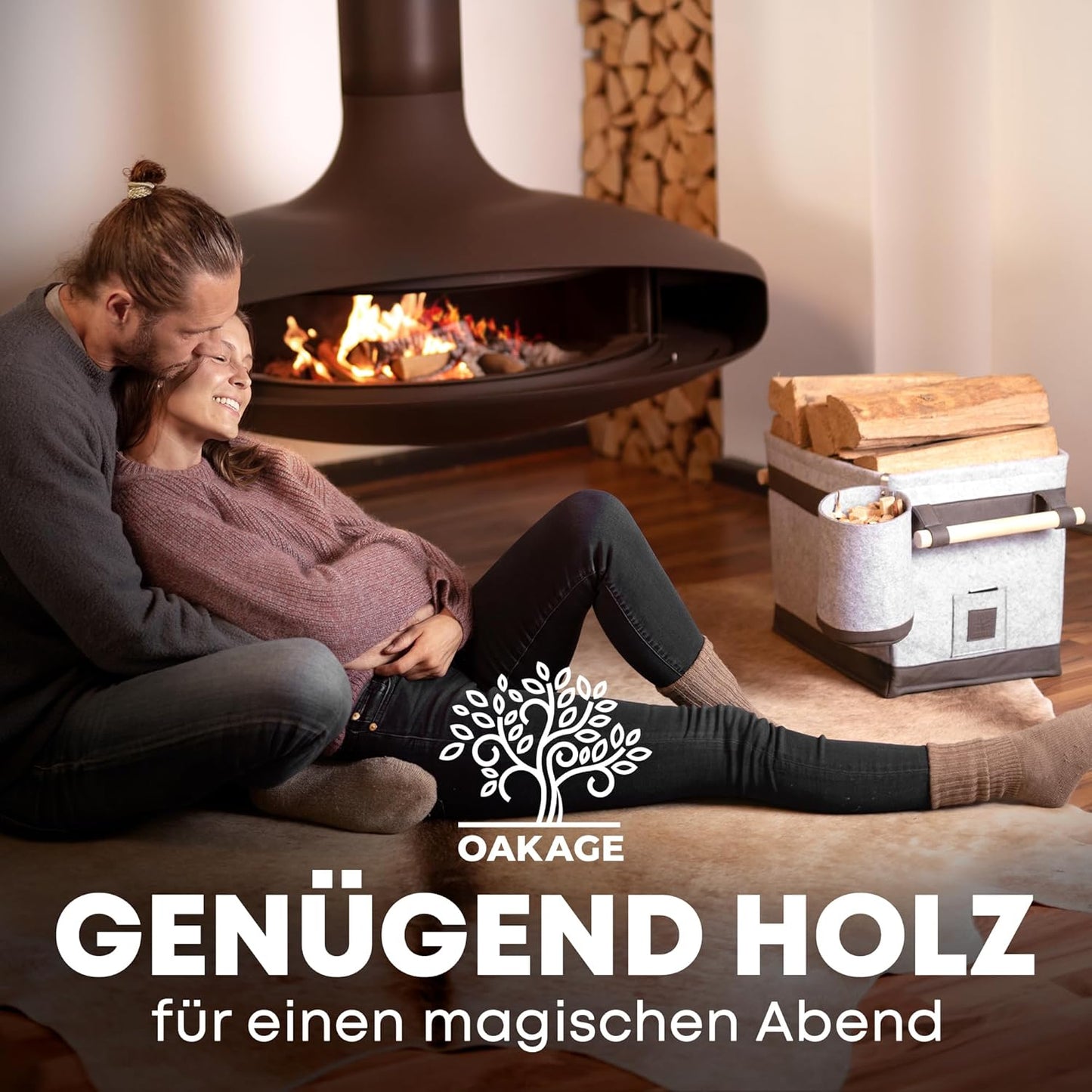 Holzkorb für Kaminholz, mit Zündholzkorb, Hellgrau Bundle