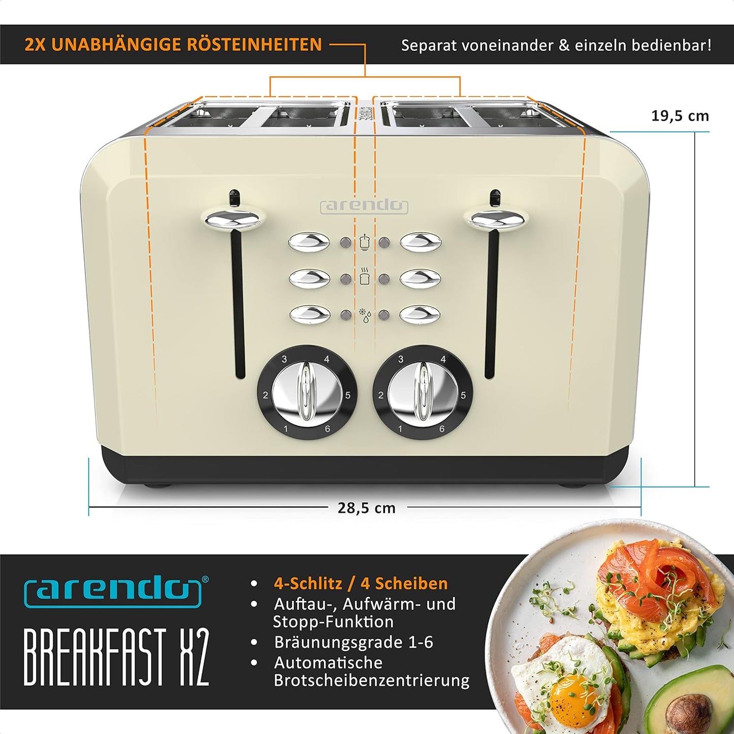 Breakfast X2 Toaster für 4 Scheiben, mit Auftau- Aufwärm- und Stoppfunktion, D: Beige