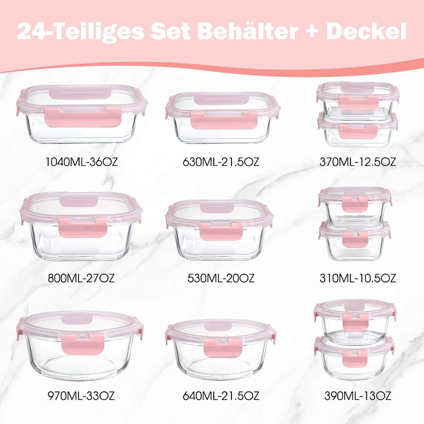 12-teiliges Glasbehälter-Set, Rosa-12 Stück