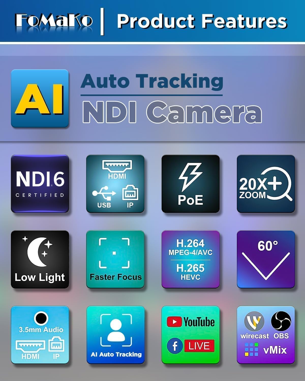 NDI HX3 PTZ Kamera-Set BN402 mit KI-Auto-Tracking, Kohlschwarz