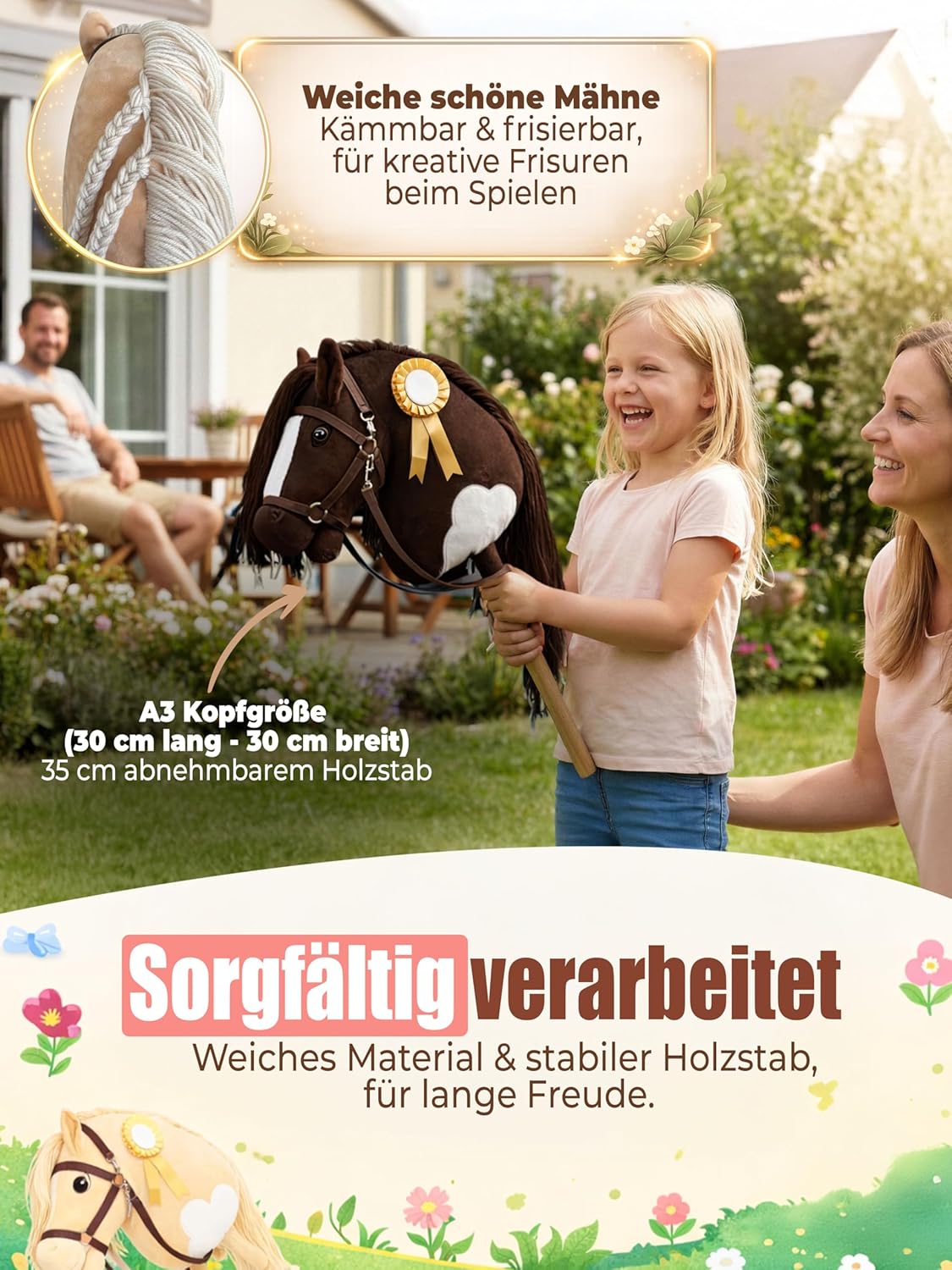 Handgefertigtes Steckenpferd mit verstellbarem Gurt & Turnierschleife, Braun & Weiss