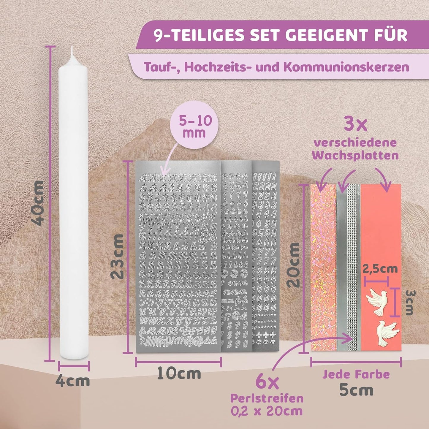 Kerzen-Rohling Set zur individuellen Gestaltung, Rosa mit Taube Kerze 40x4 cm | Weiss