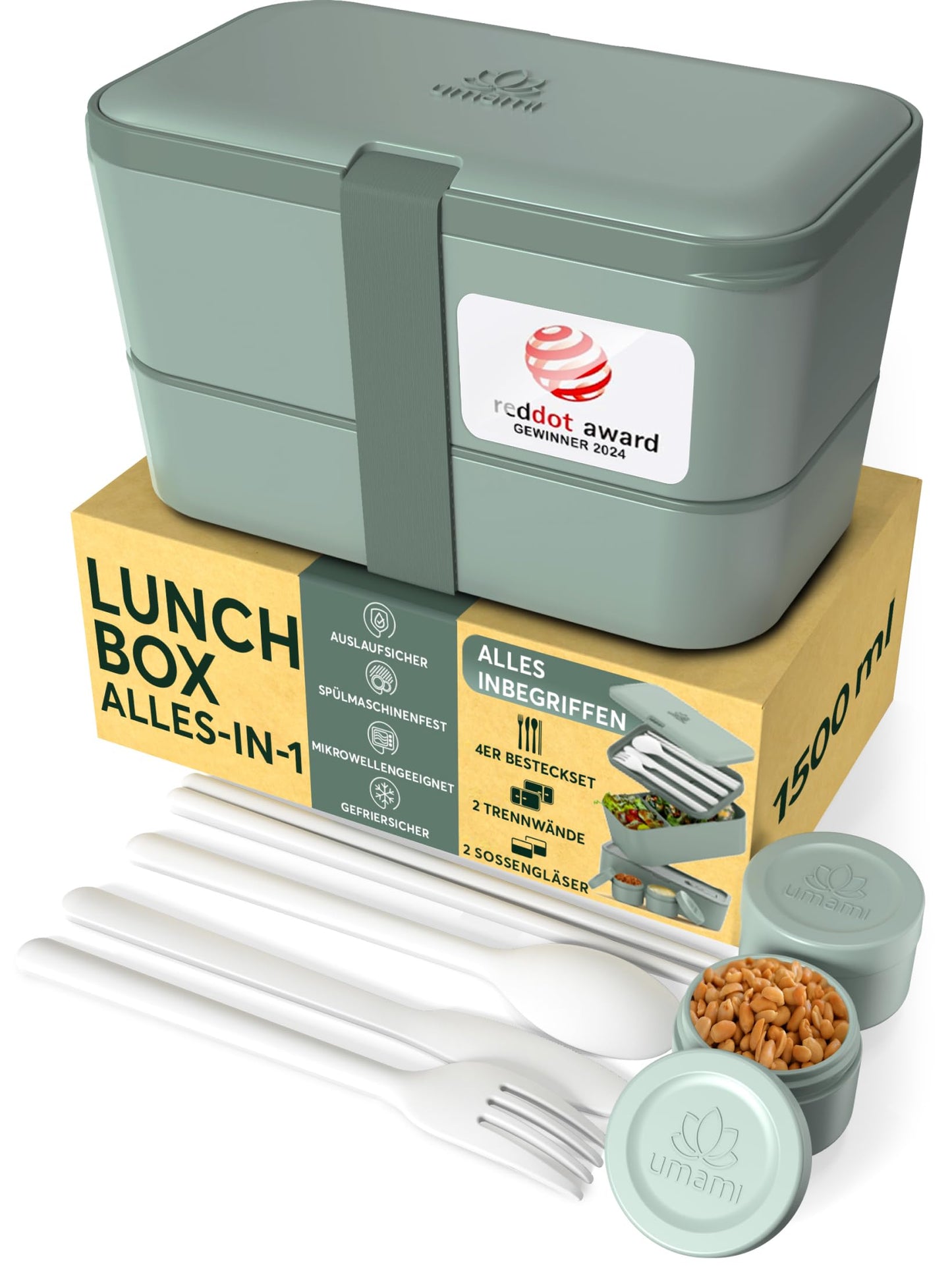 Verschachtelte Bento Lunchbox mit Besteck & Fächern, Schiefergrün L - 1500 ml