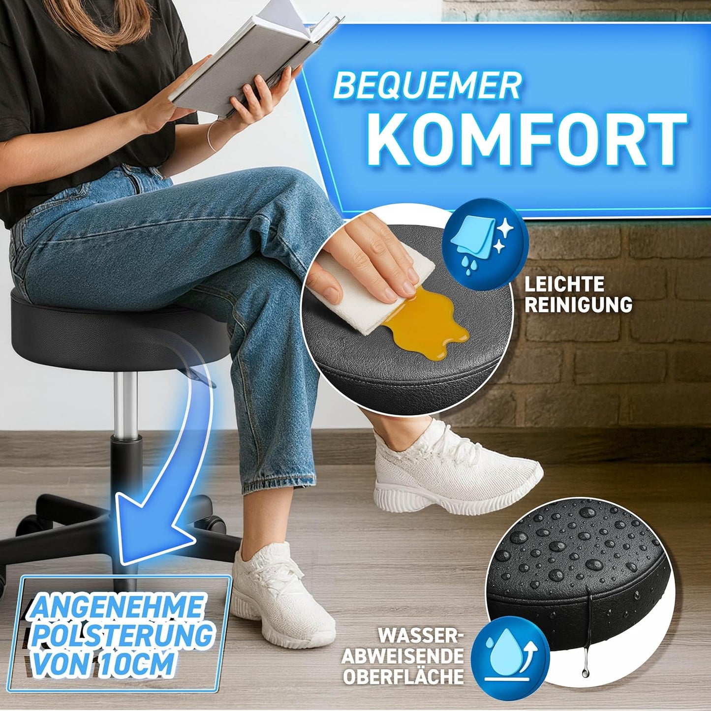 Höhenverstellbarer Rollhocker, Schwarz Matt