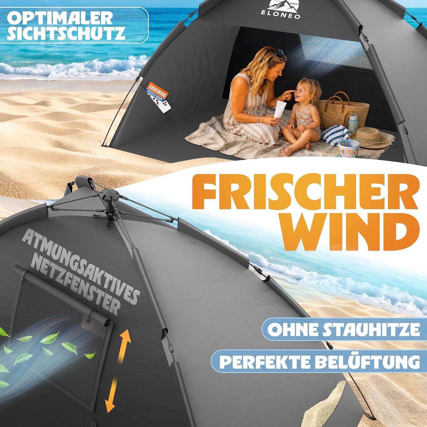 Pop Up Strandmuschel UV Schutz XXL 220x150x130 cm, Grau 220 x 150 x 130 cm