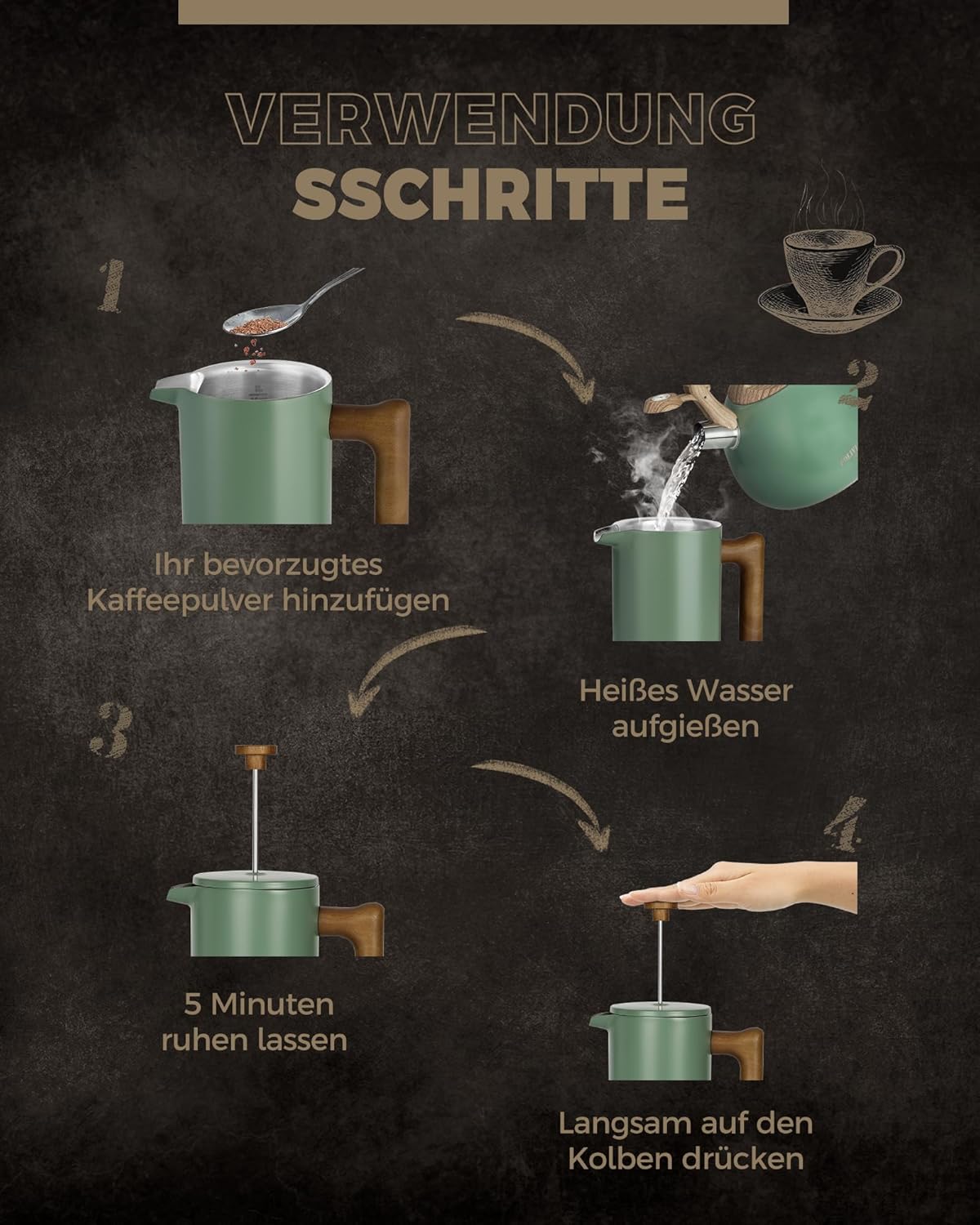 French Press Kaffeebereiter, Wildes Grün ; Glatte Oberfläche