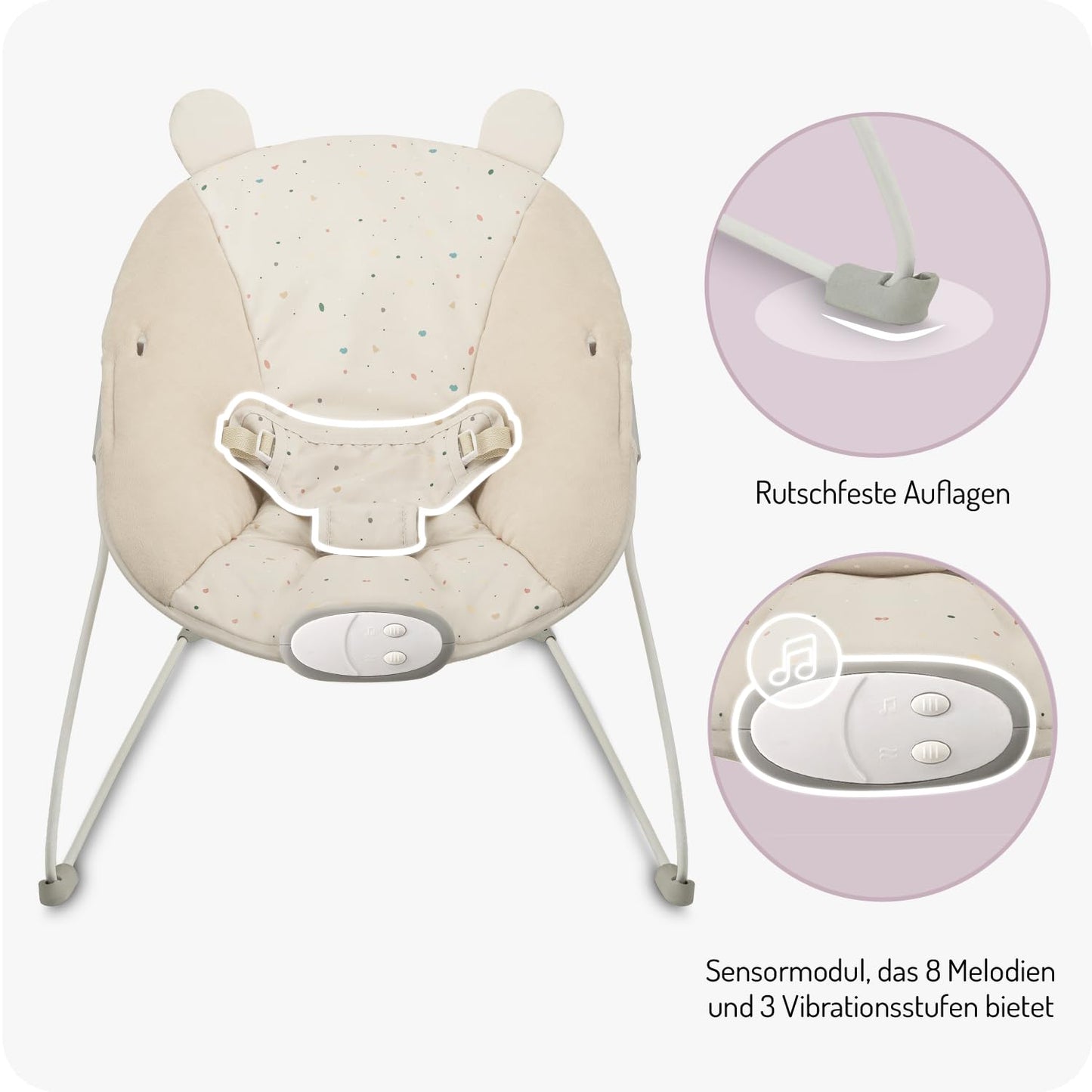 Babywippe Glossy mit Sicherheitsgurt und sensorischem Modul, Beige