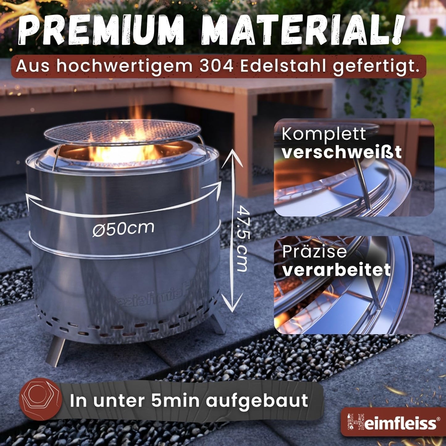 Rauchfreie Feuerschale mit Grillrost, Ø 50 cm Silber