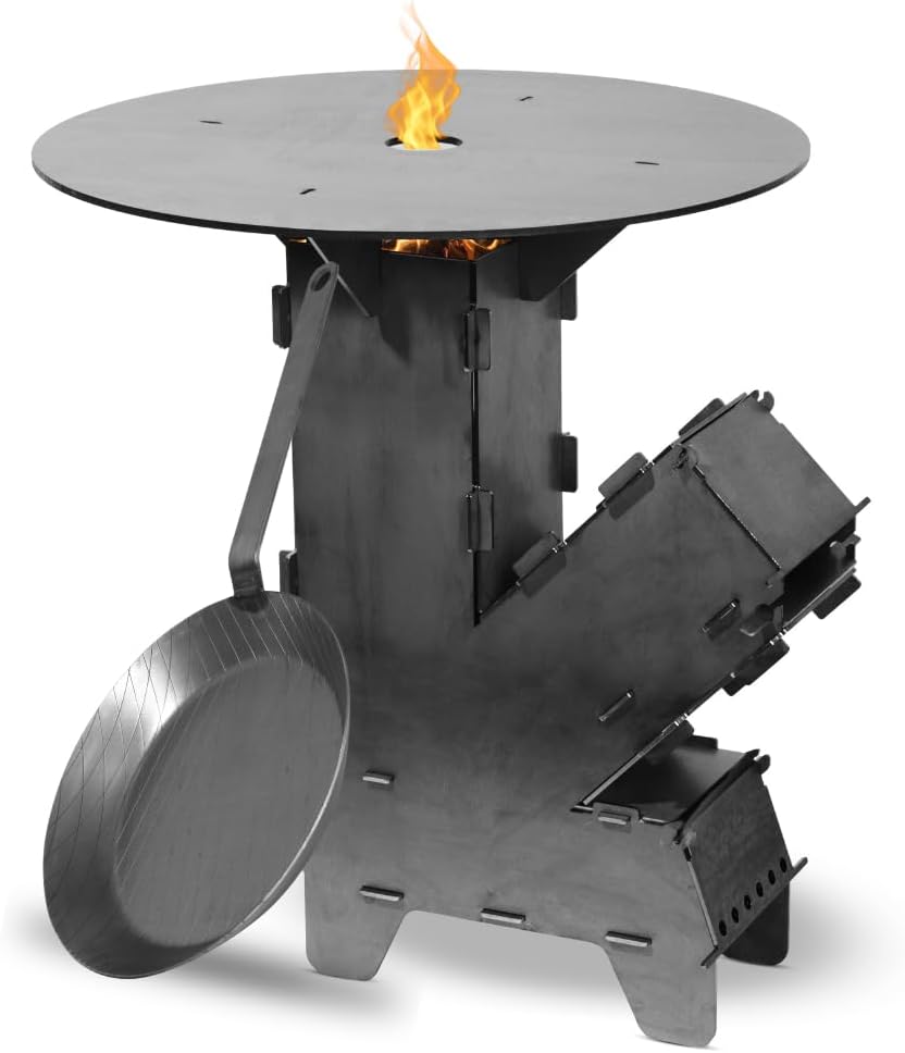 Raketenofen Set mit Feuerplatte und Grillzubehör, Raketenofen mit Grillplatte Bratpfanne und Grillbesteck