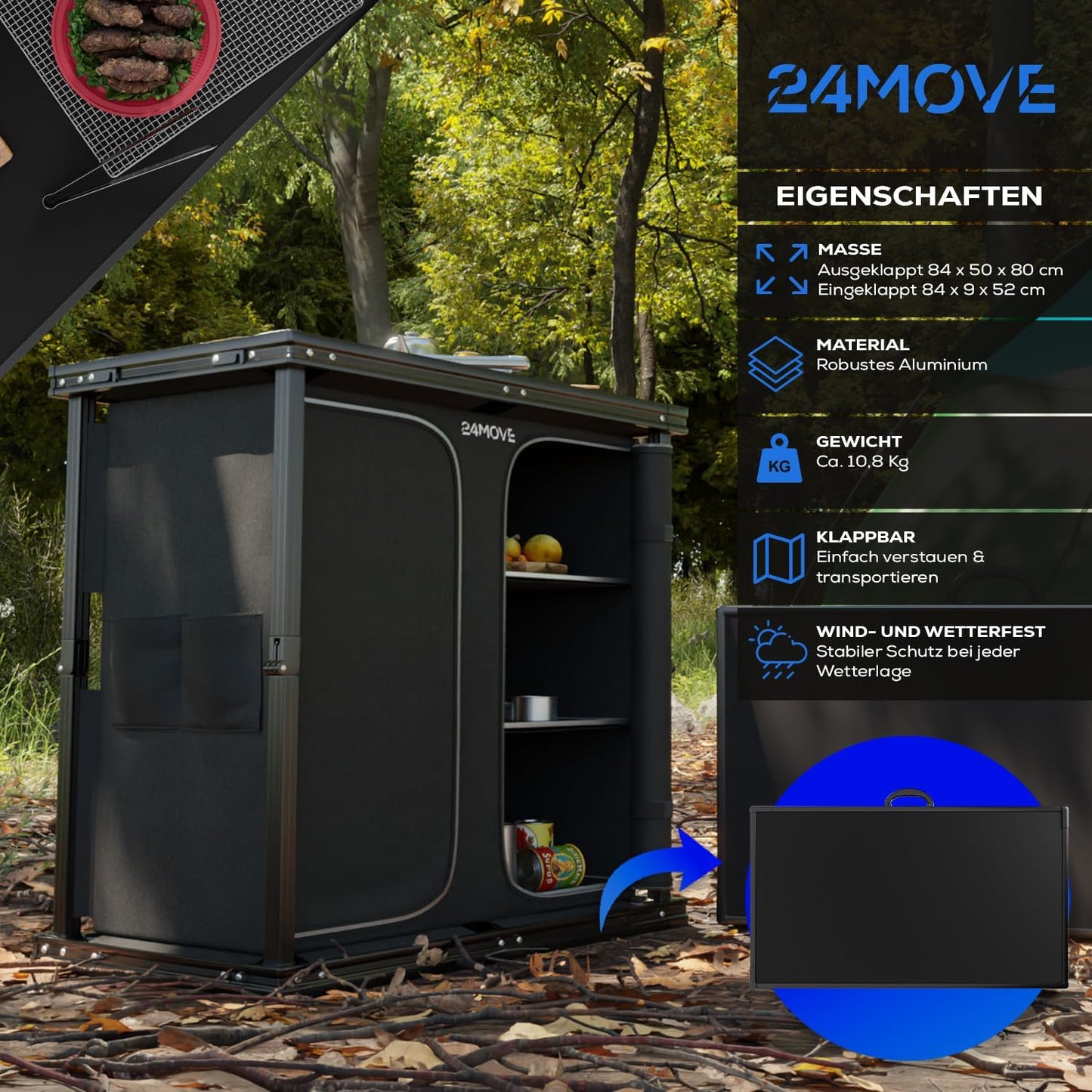 Faltbare Campingküche mit höhenverstellbarem Schrank, 84x50x80 Aversa Schwarz