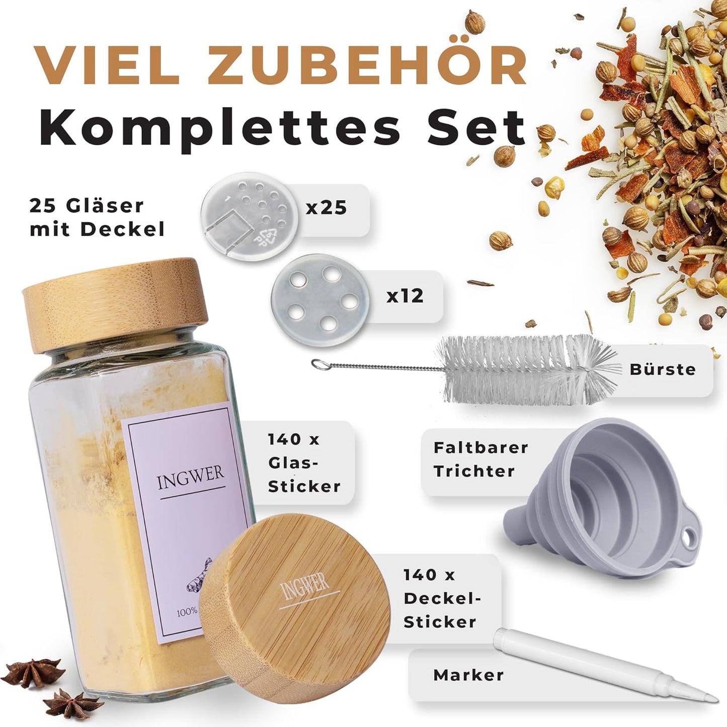 Gewürzgläser-Set, Bambus