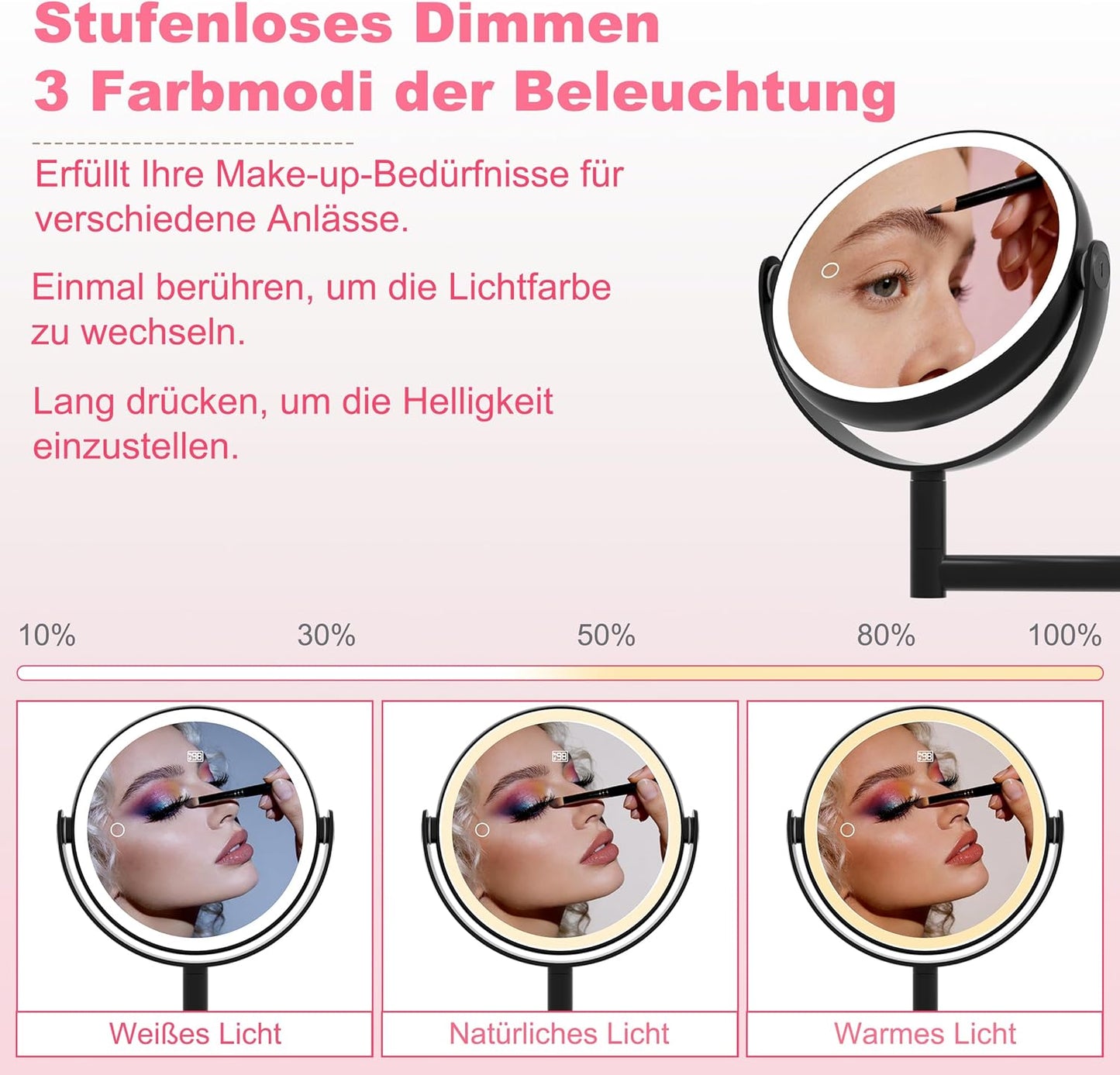 Wandkosmetikspiegel mit Beleuchtung und Vergrösserung, 360° Drehbar