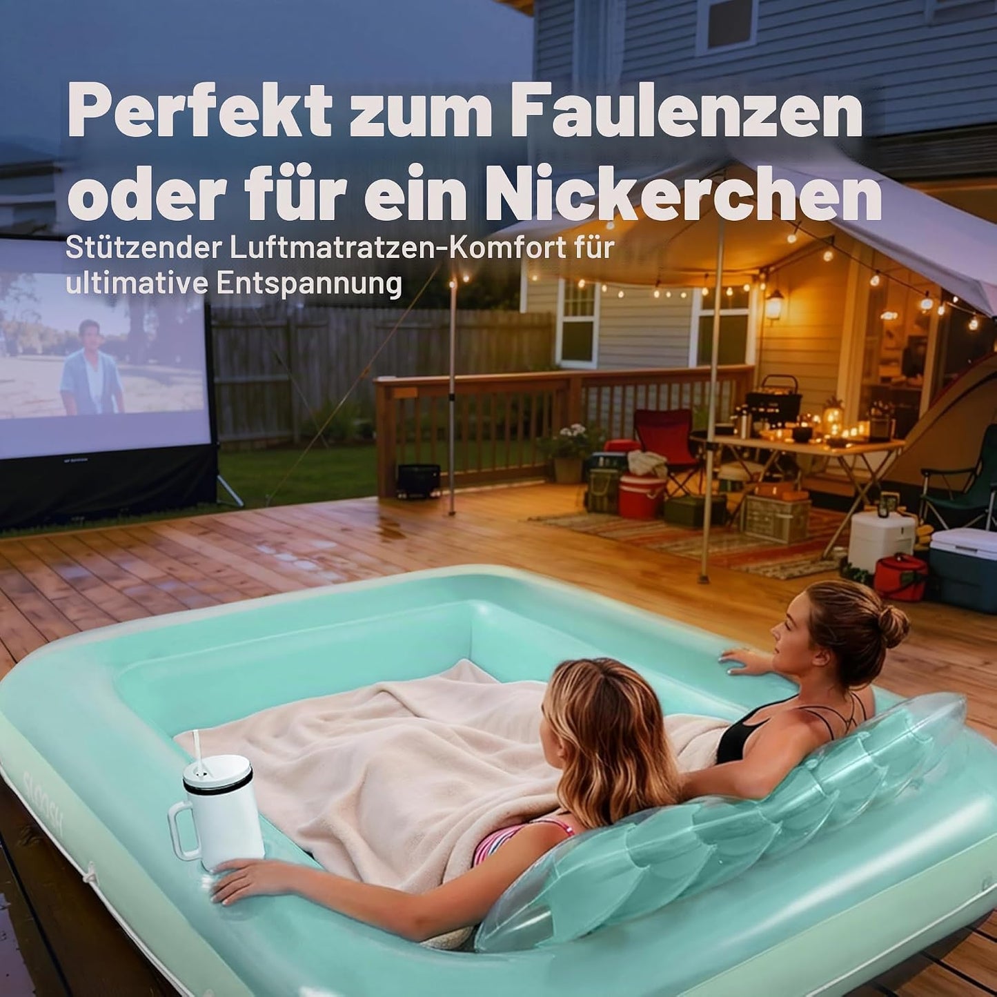 Aufblasbarer Sonnenpool mit abnehmbarem Kissen und Getränkehalter, Cyan XL