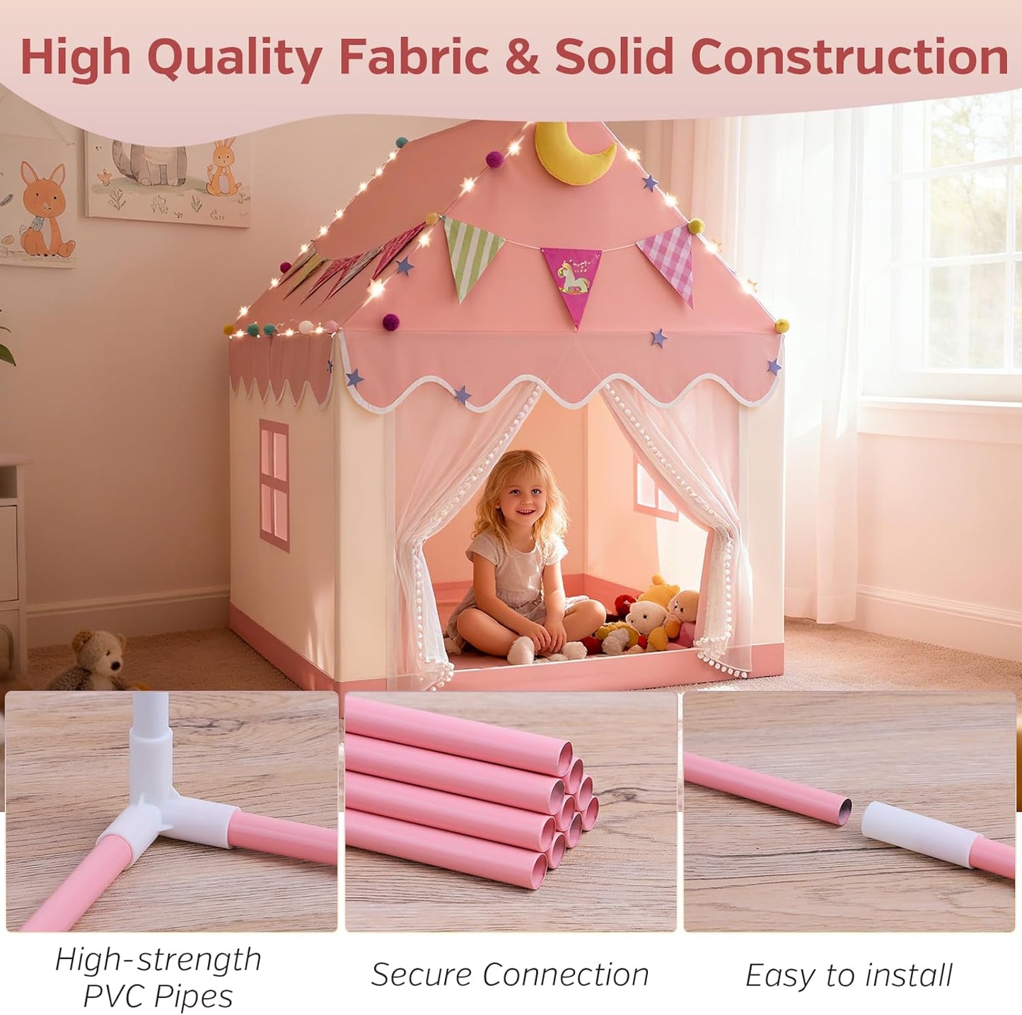 Spielzelt Kinder Indoor mit LED-Lichtern, Rosa