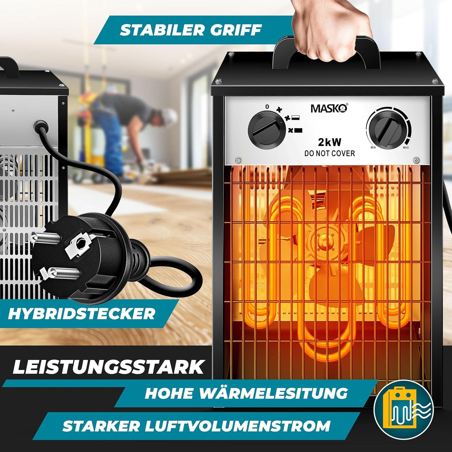 Elektroheizer mit Thermostat, 2 KW - Eckig Weiß