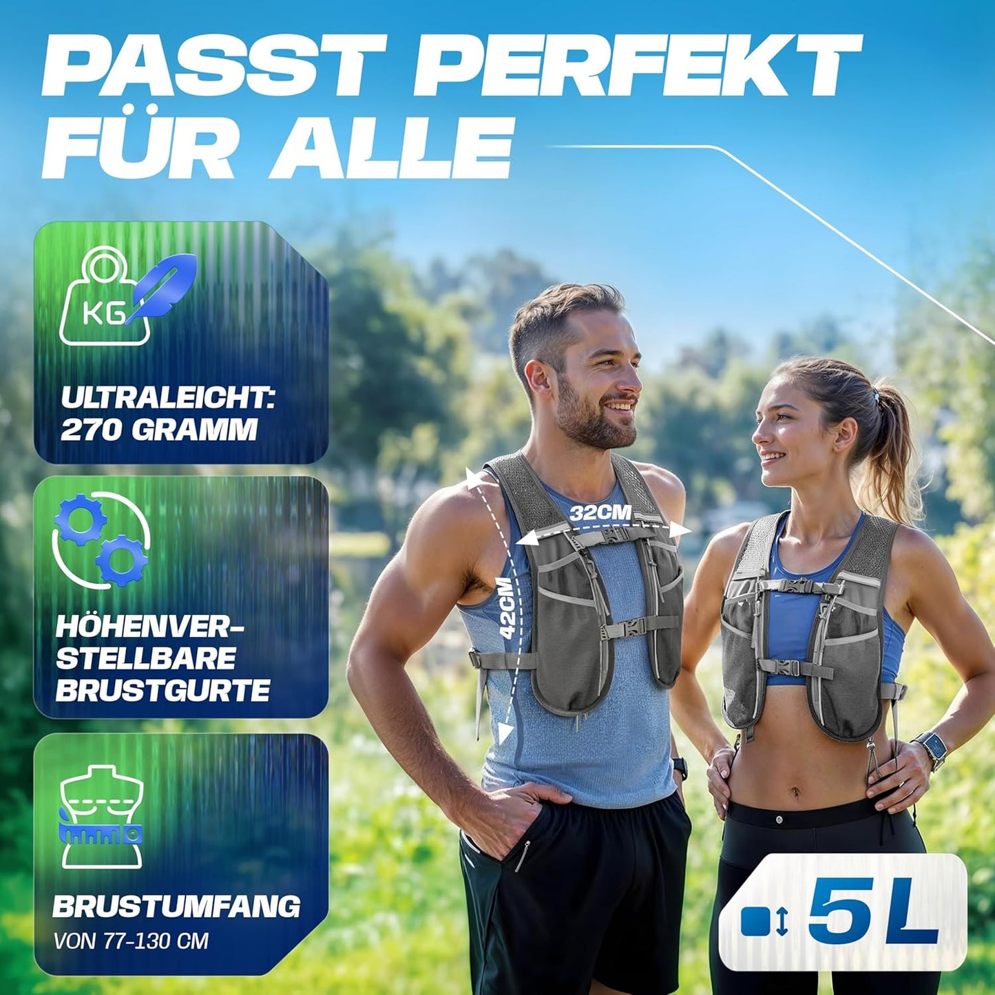 Ultraleichte Laufweste mit Trinksystem, 5L - grau - mit 1x500ml 5L