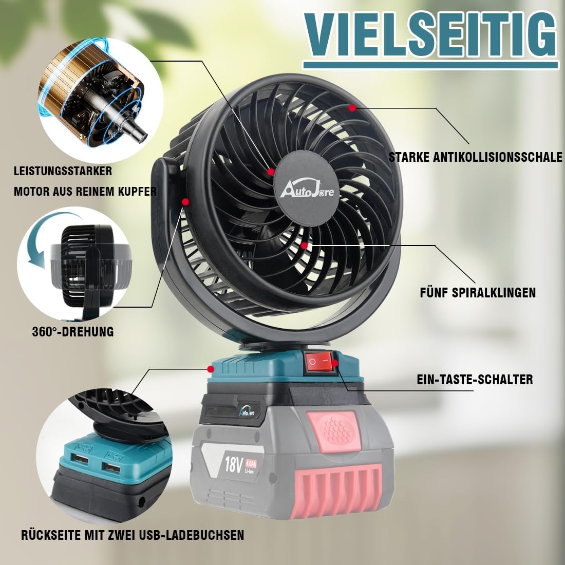 Tragbarer Akku-Tischventilator