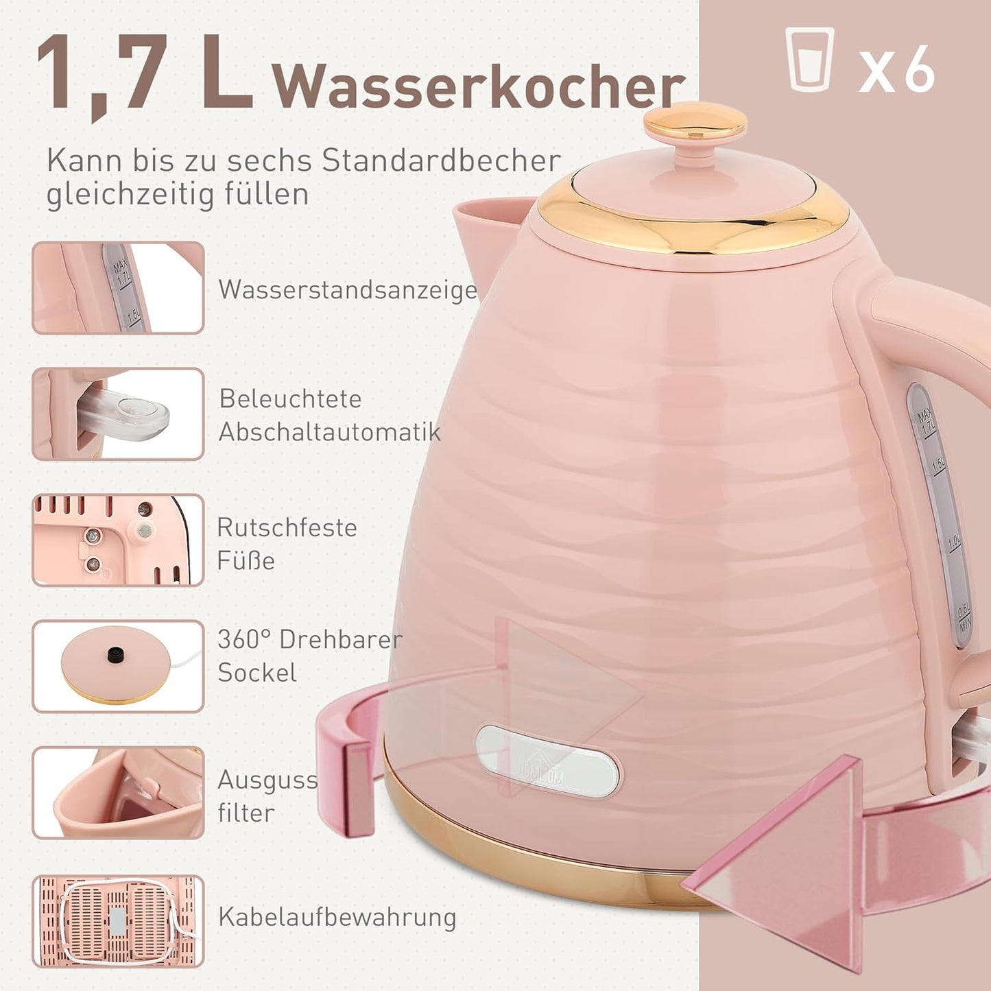 Frühstücksset mit Wasserkocher und 4-Scheiben Toaster, Rosa