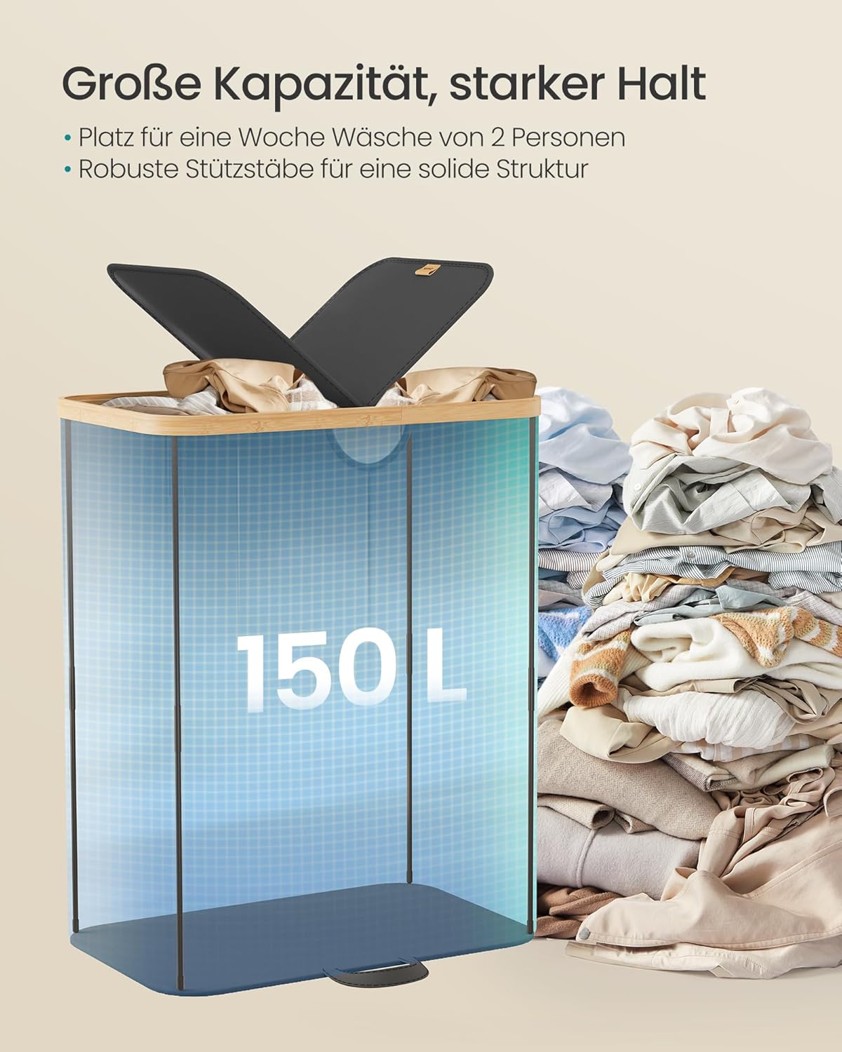 Wäschekorb mit 2 Fächern und Deckel, Tintenschwarz + Naturbeige