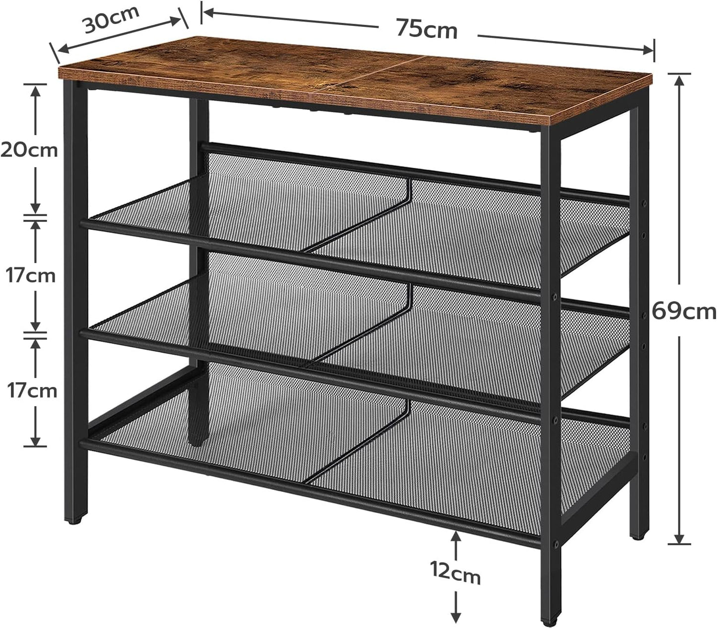 Schuhregal mit verstellbaren Metallgitterregalen (4 Ebenen), Dunkelbraun + Schwarz 75 x 30 x 69 cm