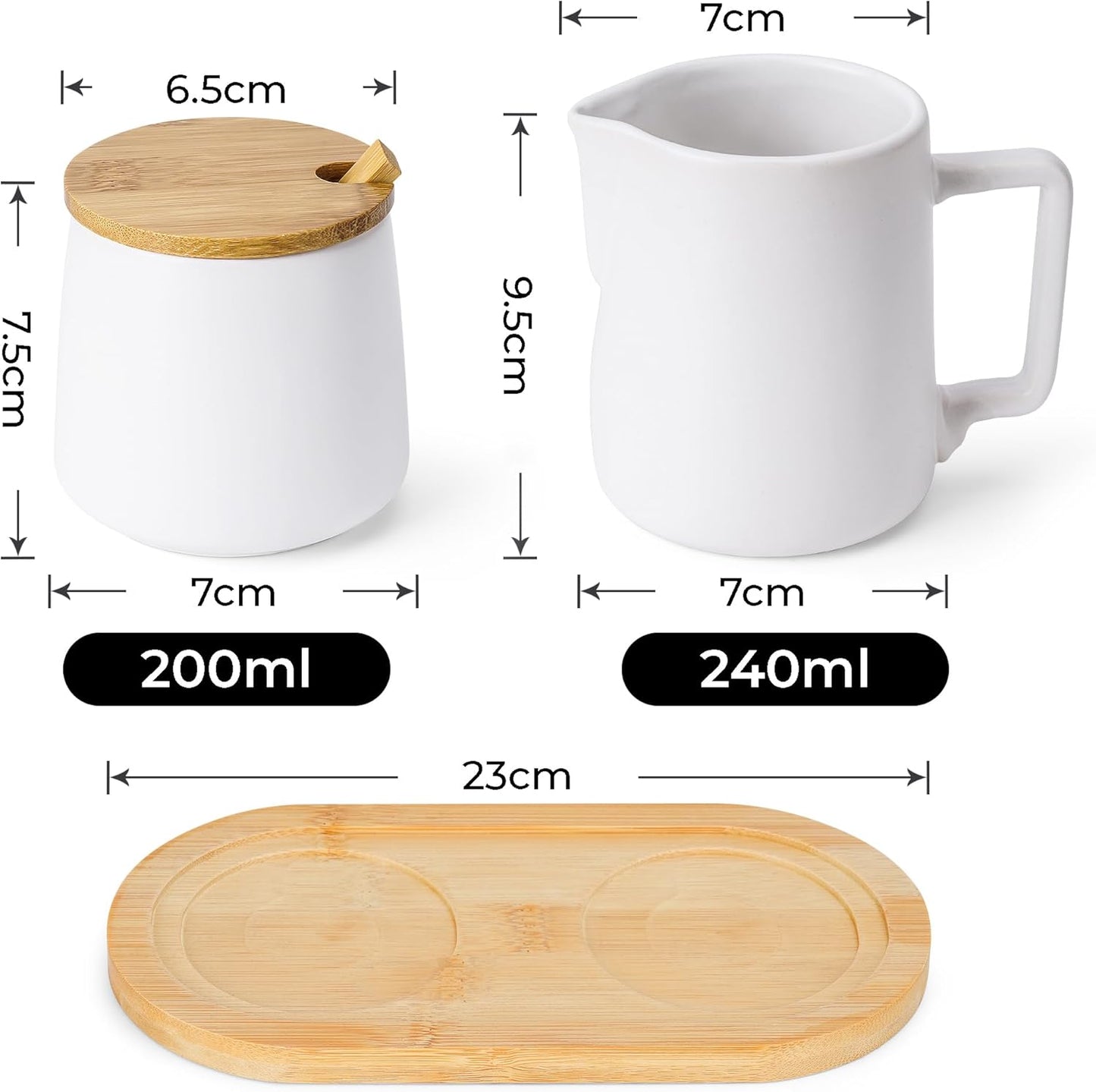 Milch- und Zucker-Set mit Holztablett, Weiss