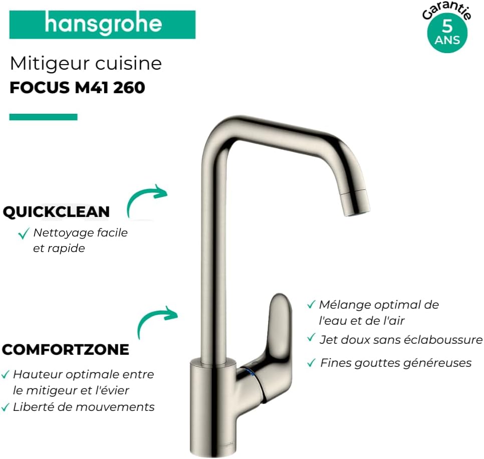 Focus Küchenarmatur, Edelstahl Finish Auslaufhöhe 260mm ohne Schlauchbox
