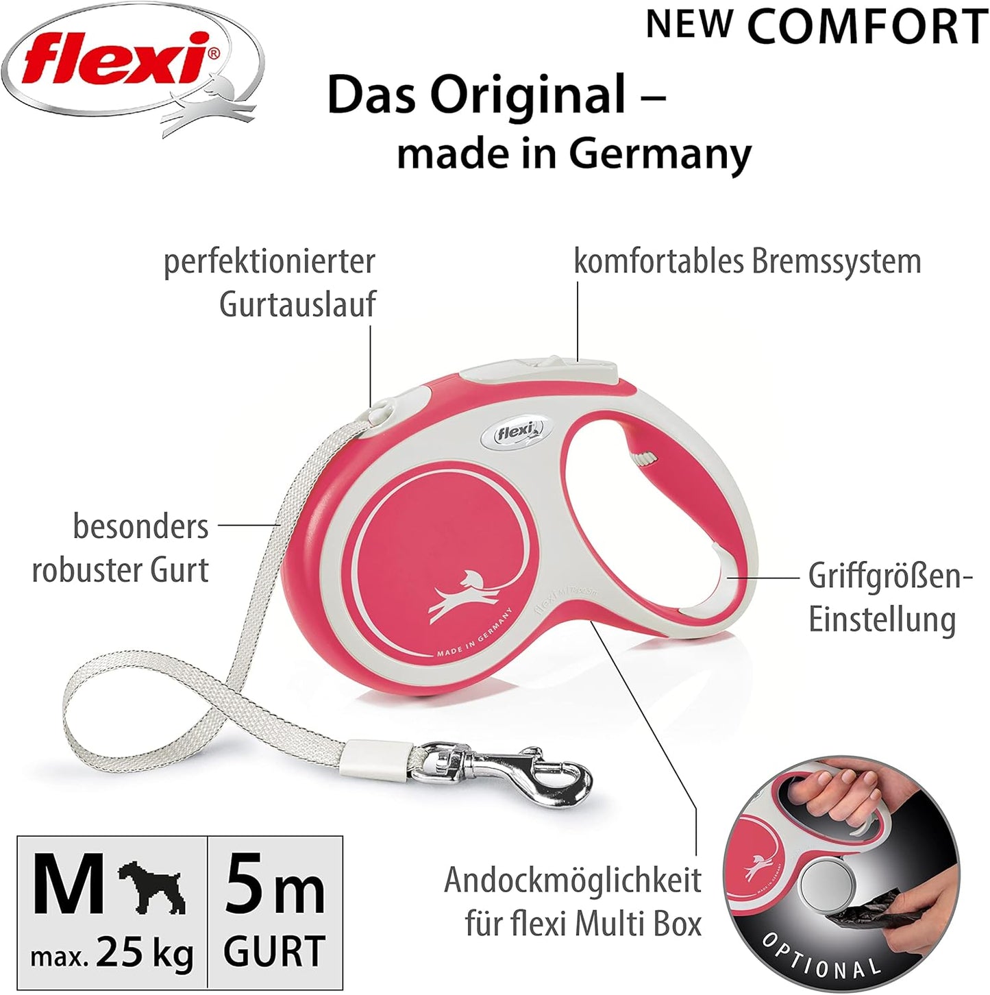Comfort Rollleine für Hunde, rot M: 5m (max. 25kg)