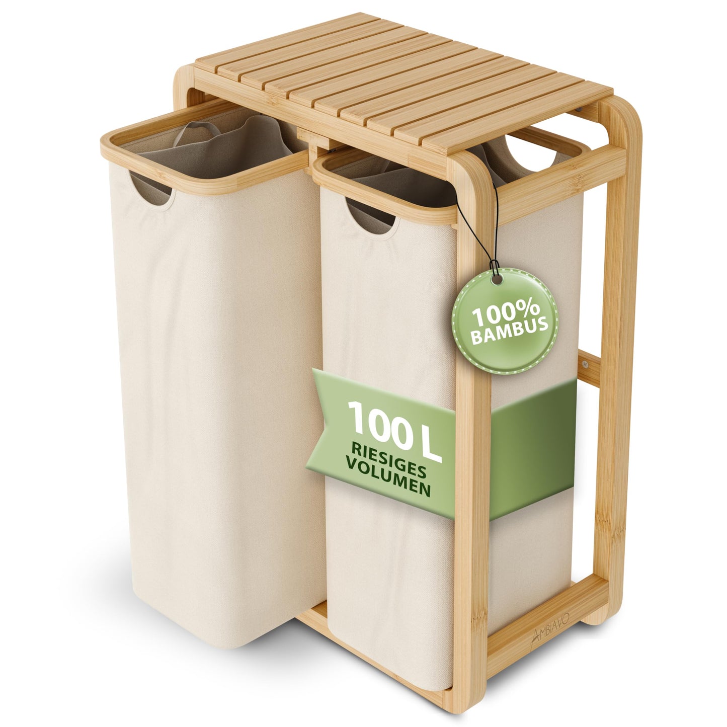 Wäschekorb mit 2 Fächern & Ablage, 2 Fächer Beige