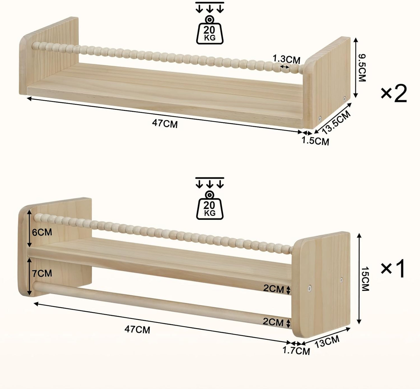 3er-Set Kinder-Bücherregal für die Wand, 50 x 15 x 14 cm Naturholzfarbe