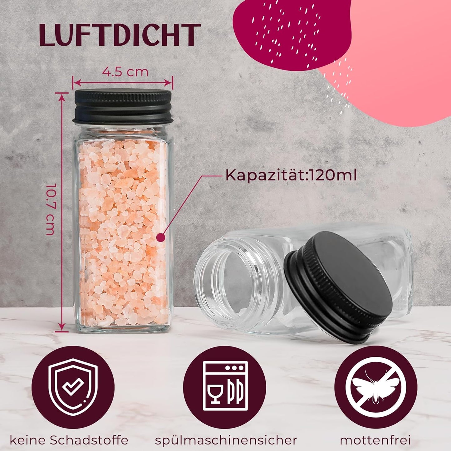 24-teiliges Gewürzgläser Set mit Etiketten, Streueinsatz, Trichter & Reinigungsbürste, Schwarz - 24 - schwarze Etiketten