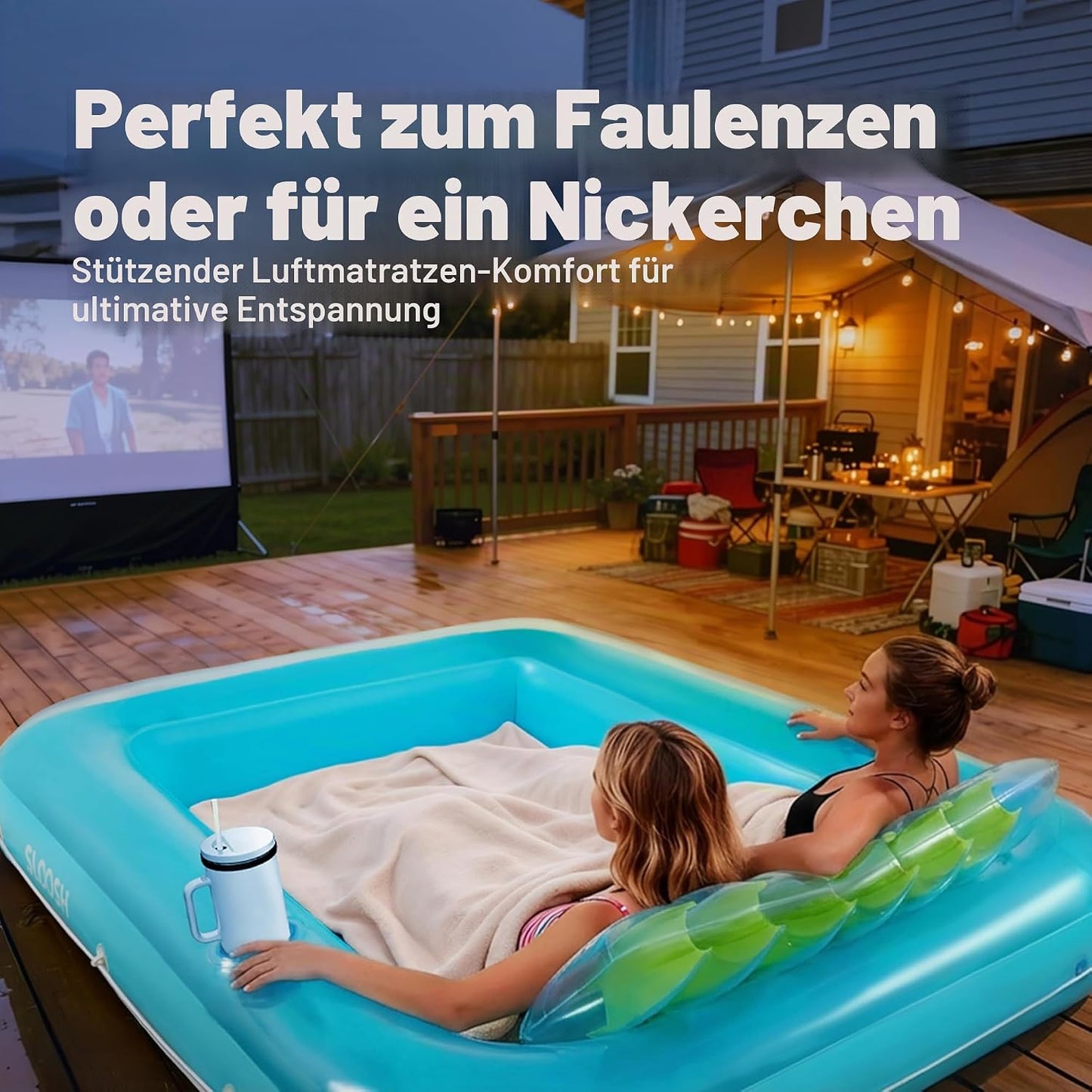 Aufblasbarer Sonnenpool mit abnehmbarem Kissen und Getränkehalter, Blau-Grün XL
