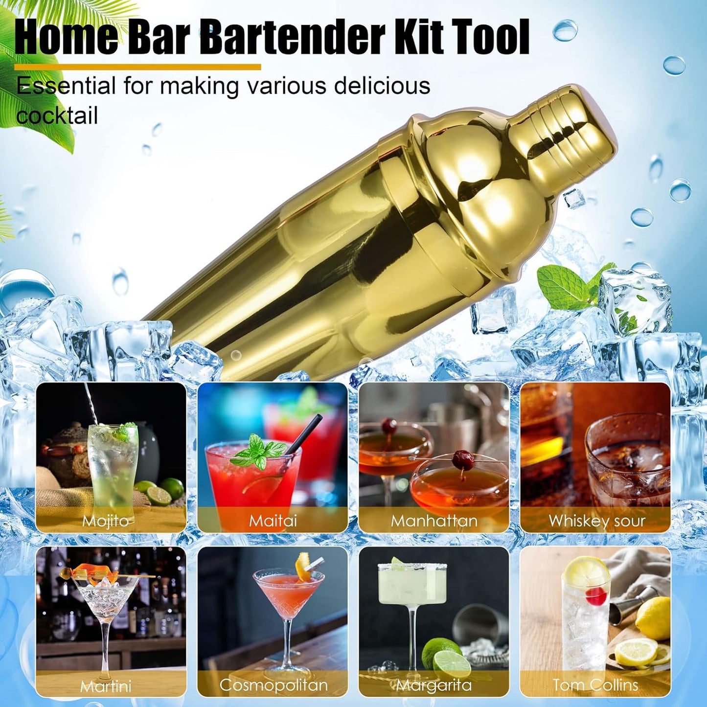 Cocktail Shaker Set, Gold 12 Teiliges