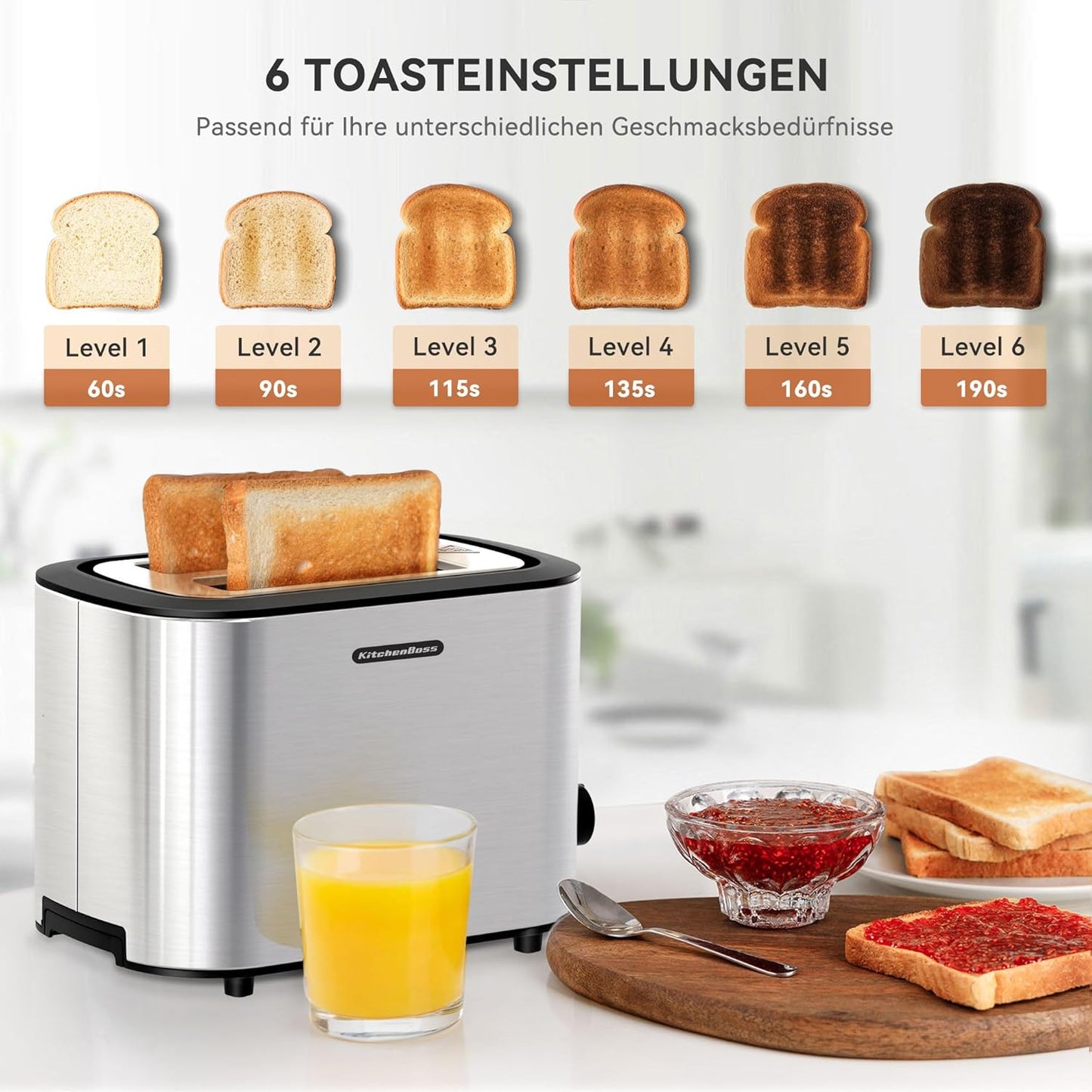 Toaster mit Brötchenaufsatz und herausnehmbarer Krümelschublade