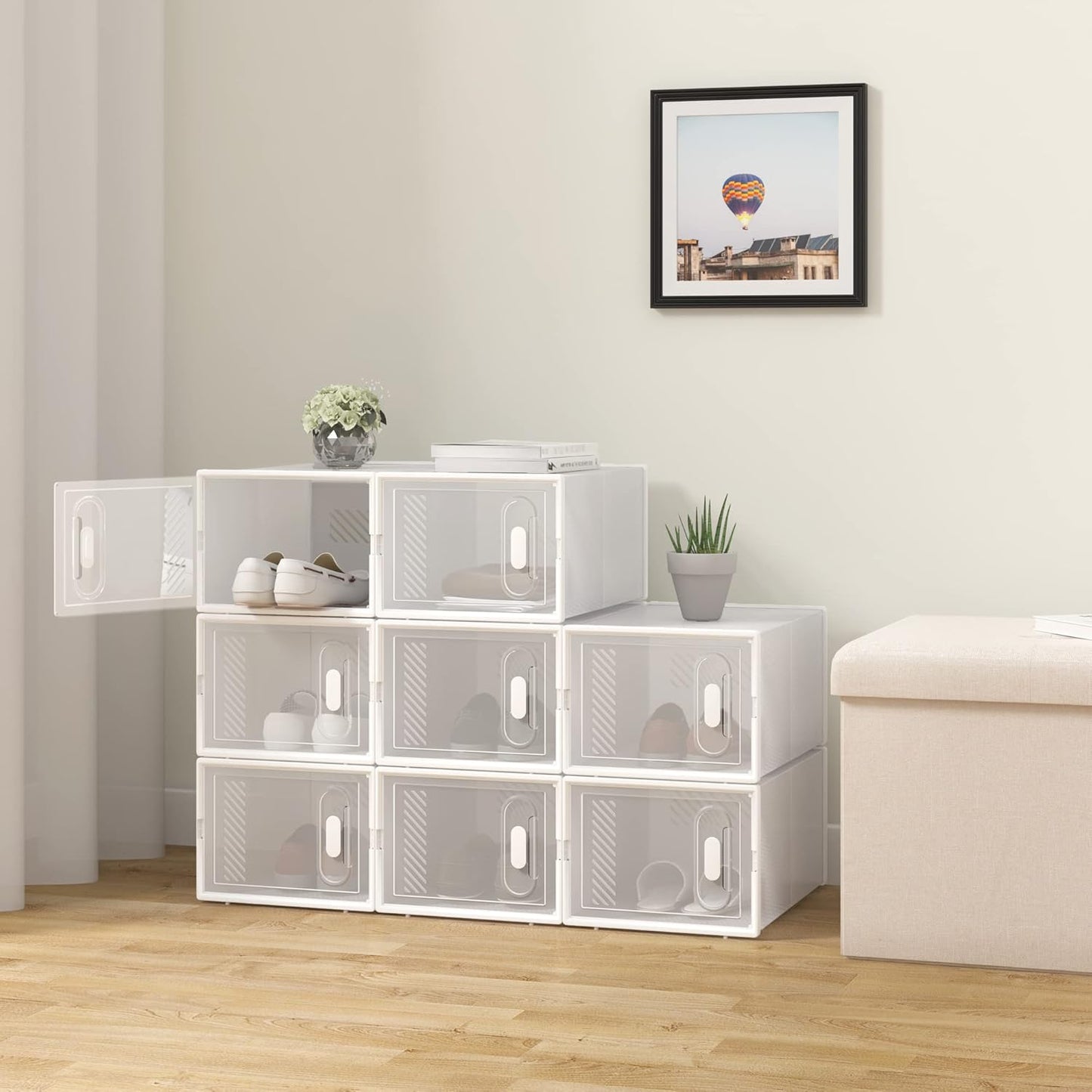 Stapelbares Schuhregal mit 18 Boxen, Transparent+weiß 18er 35x19x25 cm