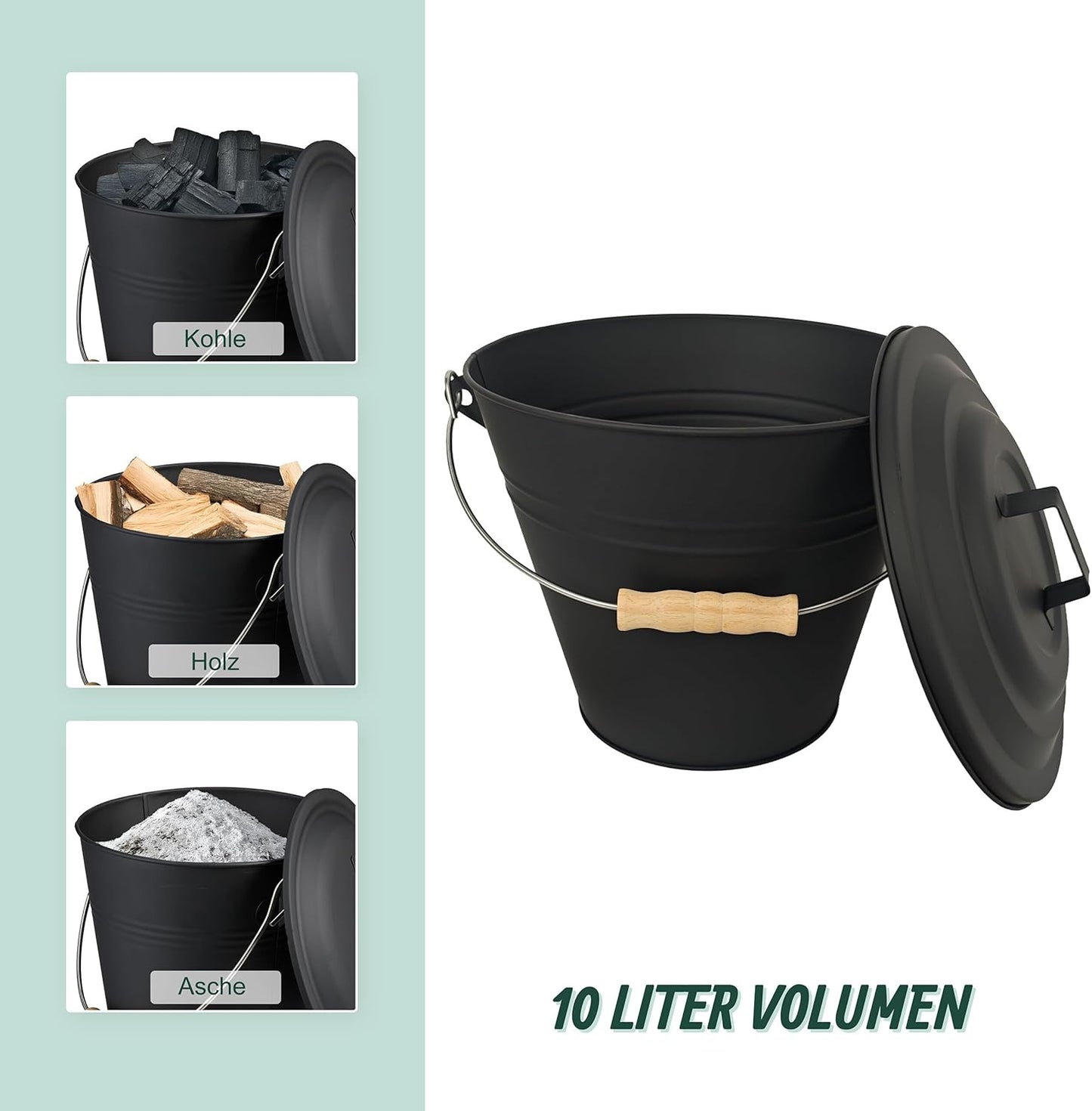 Ascheeimer mit Feger & Schaufel, 10 Liter