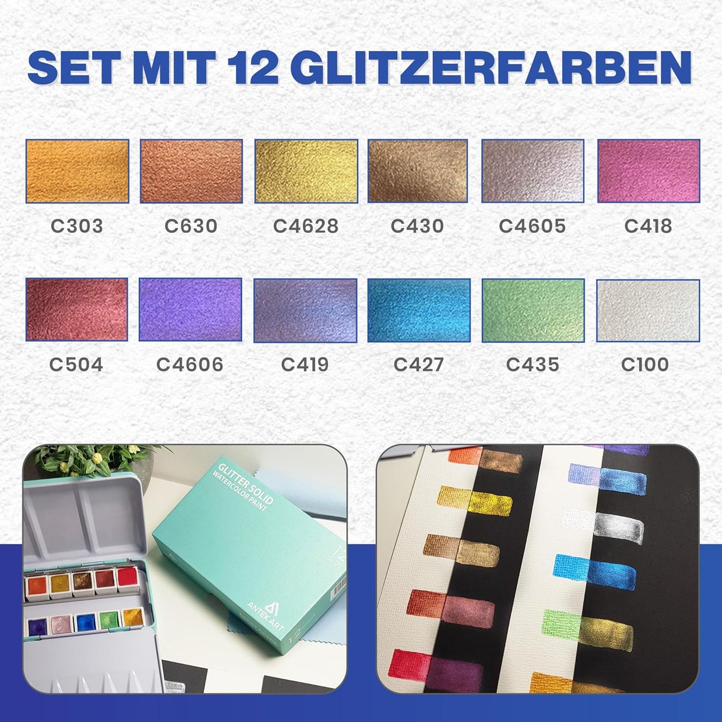 12-teiliges Aquarellfarben-Set im Metallkoffer, Metallic Glitzer, 12 Glitzerfarben