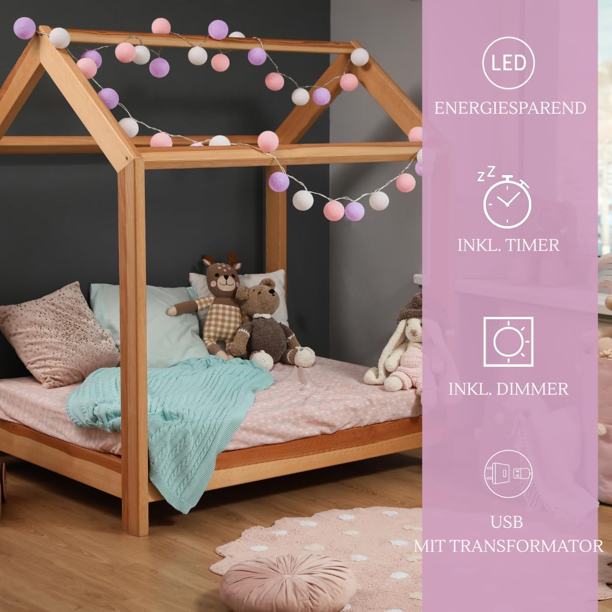 LED-Lichterkette mit Timer und Dimmer, Blumenwiese 20 Kugeln