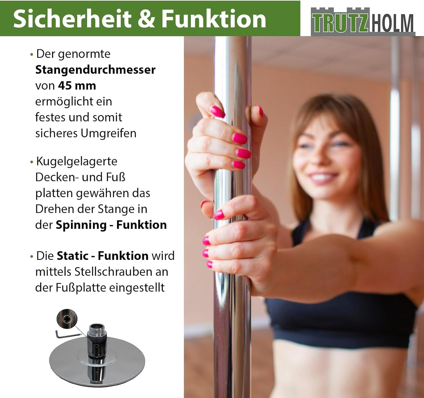 Pole Dance Stange, Static & Spinning (231-274 cm), Silber
