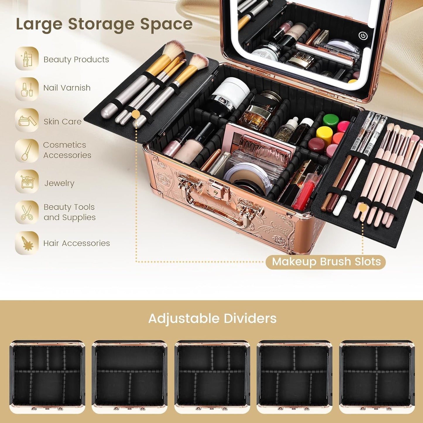 Make-up-Koffer mit beleuchtetem Magnetspiegel, Rosegold