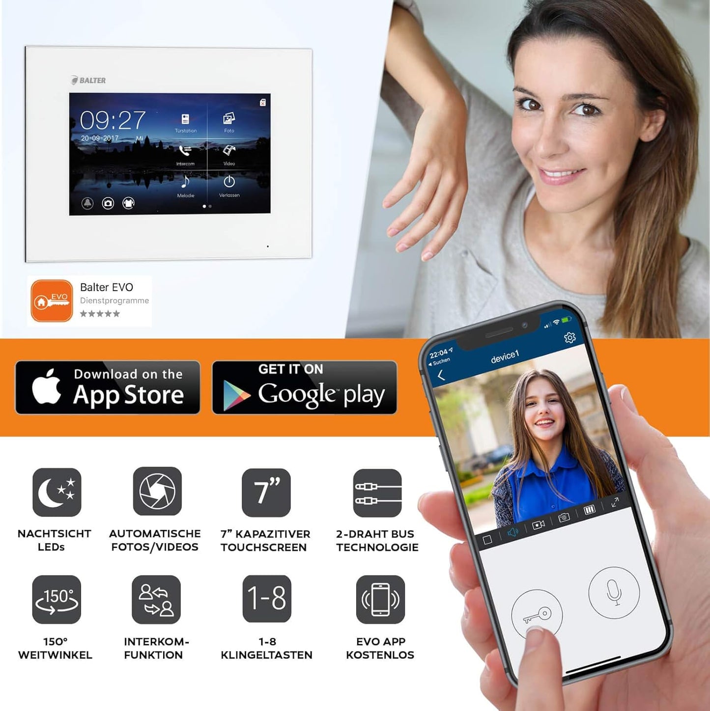 EVO Video Türsprechanlage mit Touchscreen, 2 Monitore Mit App