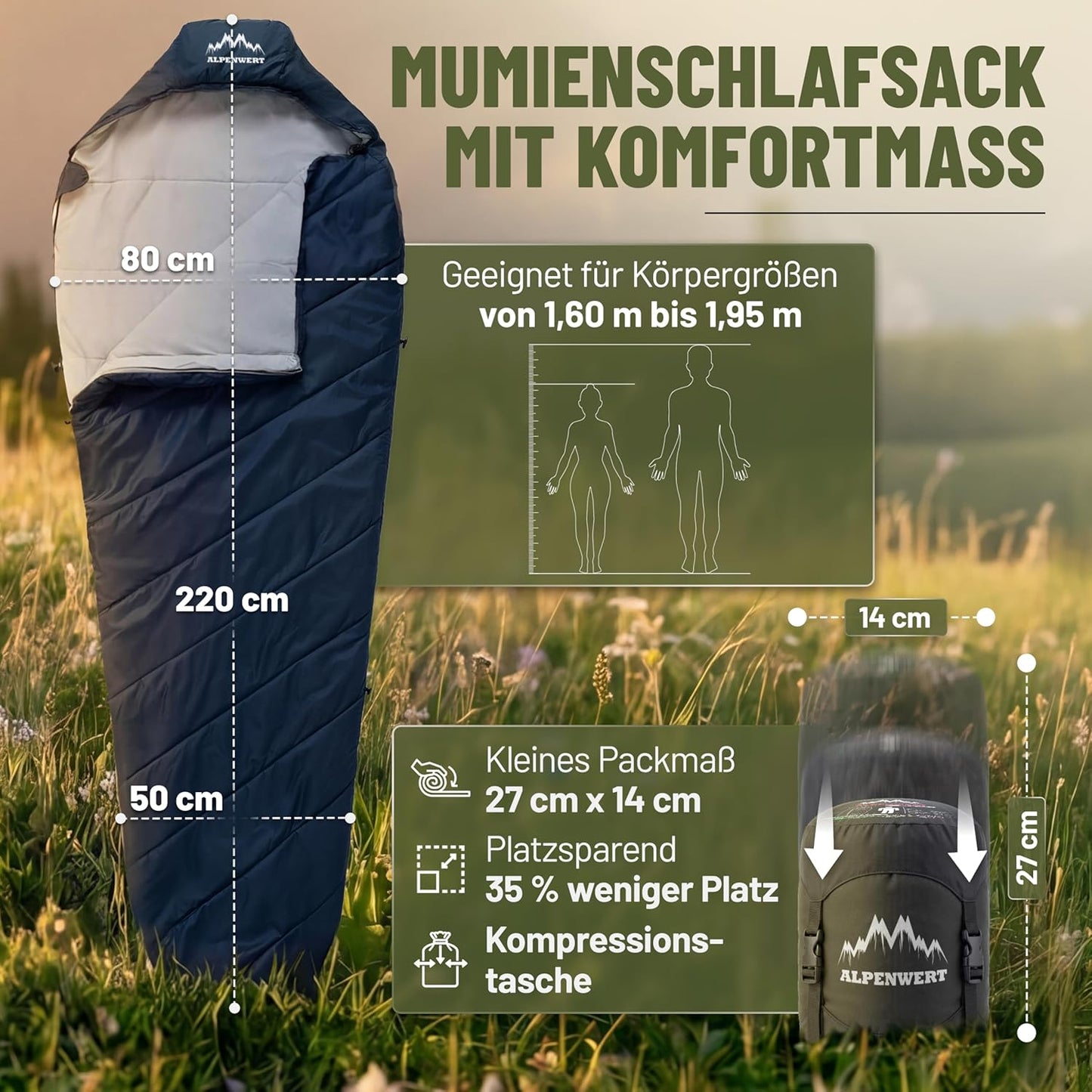 Ultraleichter Sommerschlafsack, Marineblau/ Grau innen