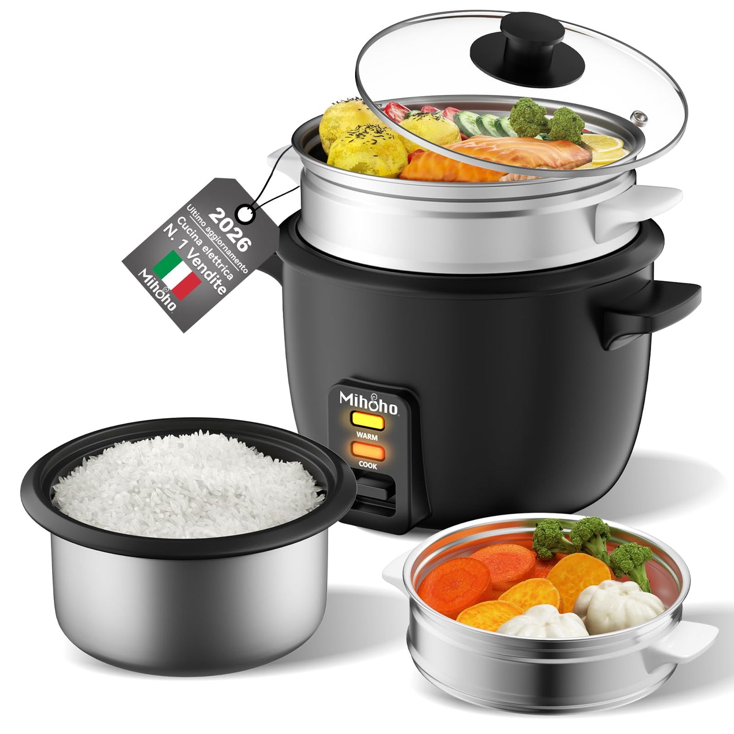 Reiskocher mit Dampfgarer und Warmhaltefunktion, Schwarz B
