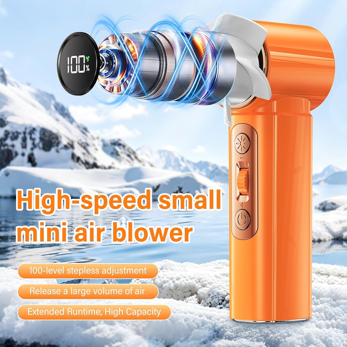 Handventilator mit 100 Stufen & LED Licht, Orange