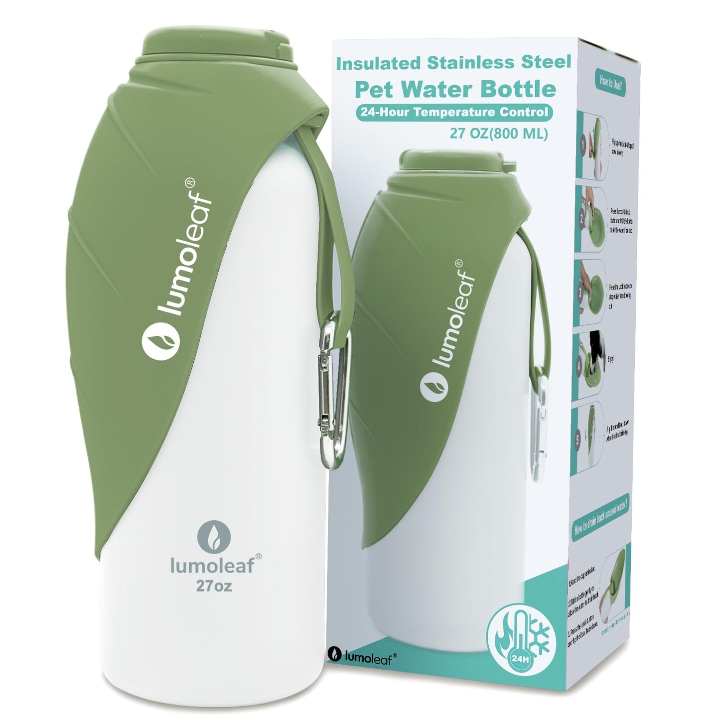 Isolierte Wasserflasche für Hunde, Grün 800 ml