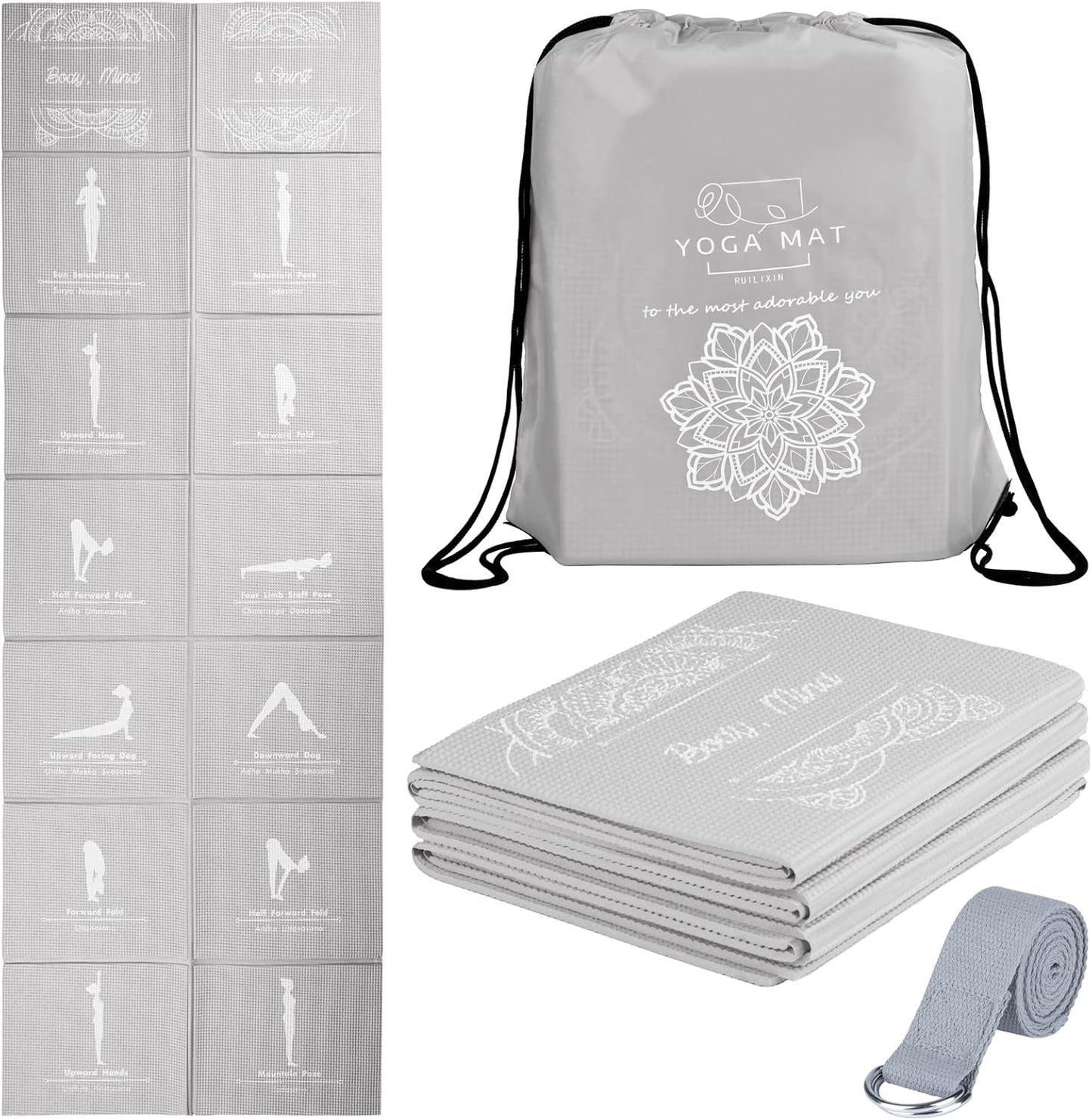 Faltbare Yogamatte mit Stretch Strap, Grau